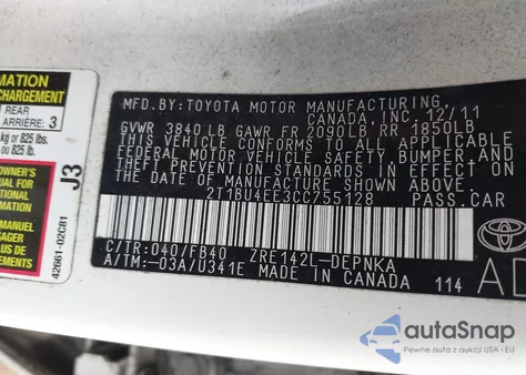 2012 Toyota Corolla Le from USA, damaged, VIN 2T1BU4EE3CC755128